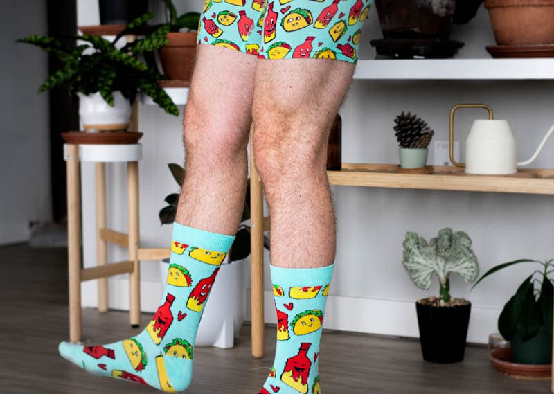 model wearing meundies matching socks and underwear taco sauce