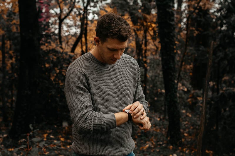 model wearing minimalist nordgreen watch wearing Liverpool Jeans los angeles knit sweater grey