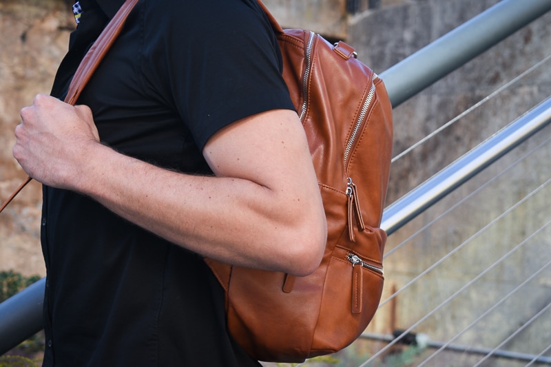 modern made man leather backpack closeup side 2