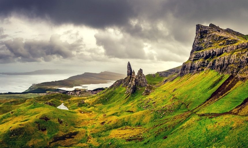 Panoramic view of Old man of Storr mountains, Scottish Highlands on a stormy day
