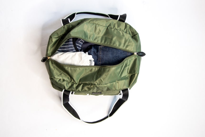 Paravel Safari Green Fold-Up Bag Open Showing Clothes