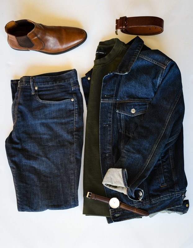 photo grid what to wear dark blue jeans denim jacket sweater brown accessories