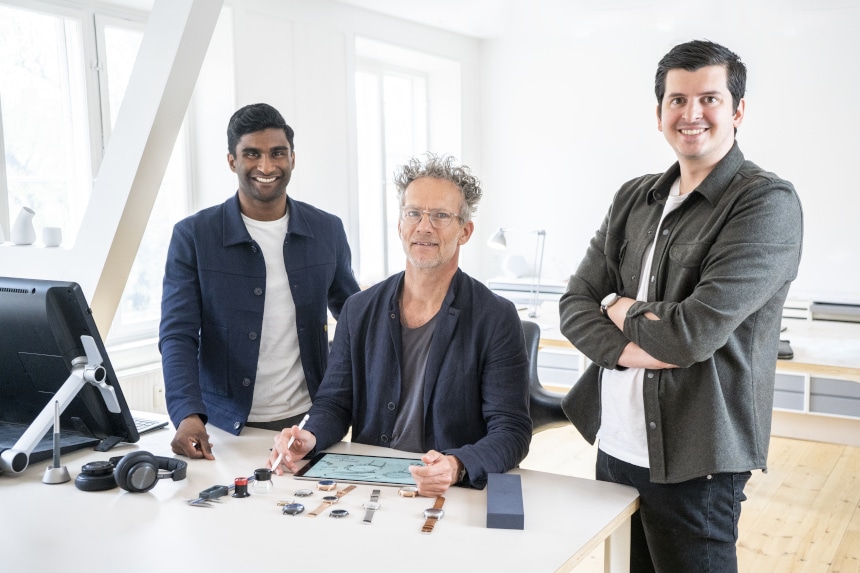 Photo of Nordgreen founders Vasilij Brandt and Pascar Sivam alongside Jakob Wagner In Design Studio