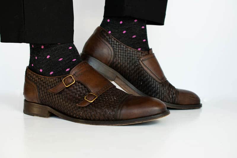 pink polka dot on charcoal mid calf sock