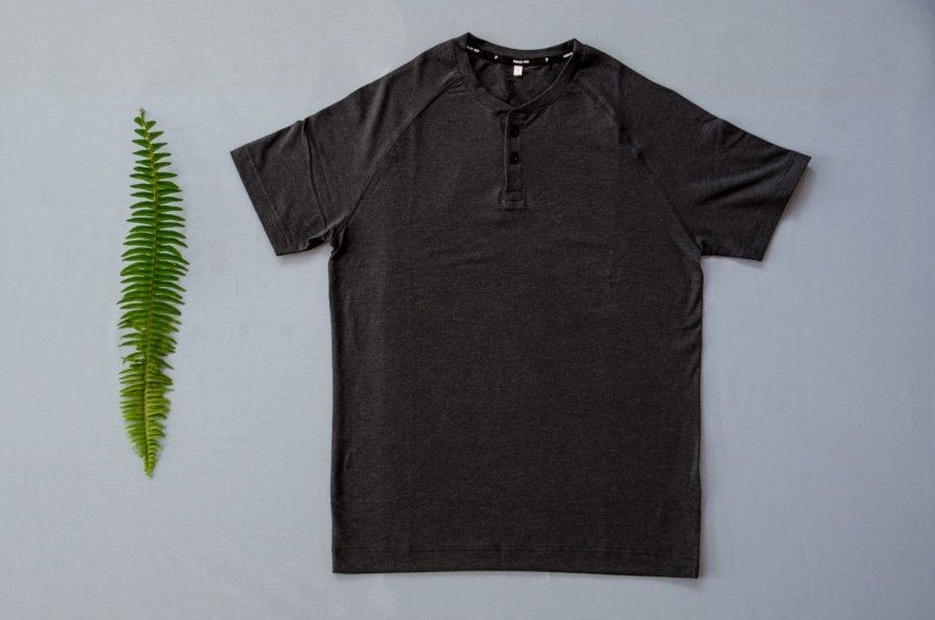 Product Shot of Public Rec Go-To Henley with a Leaf