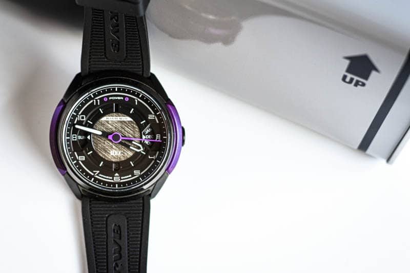REC Watches 901 RWB Rotana watch next to packaging on white background