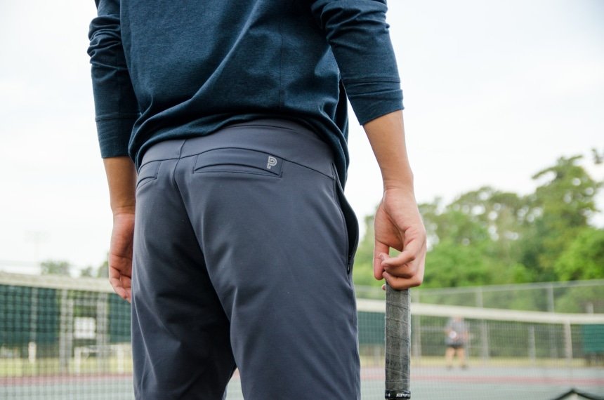 Reverse Shot Of Model Wearing Public Rec All Day Every Day Short Close Up of Back Pocket Logo