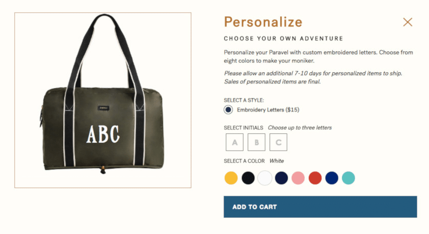 Screenshot of Personalizing the Paravel Fold-Up Bag on the online store