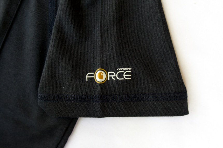 Carhartt Review: The Iconic Workwear That's Not Just For Work 7 Sleeve of Carhartt Force Delmont Tee in navy front facing with Force logo on white background