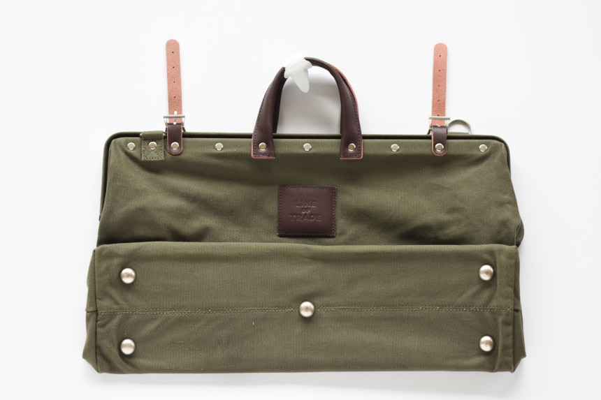 Top Down of Bespoke Post Weekender Bag in Olive Side On Folded In