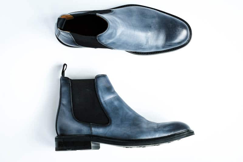 top down product shot of blue leather lawry chelsea boots from moral code