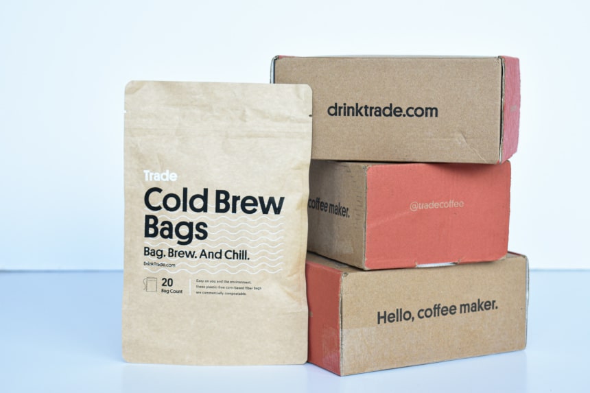Trade Coffee Side On of Box Packaging and Cold Brew Bags Bag