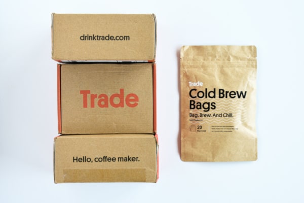 Trade Coffee Top Down of Box Packaging and Cold Brew Bags Bag