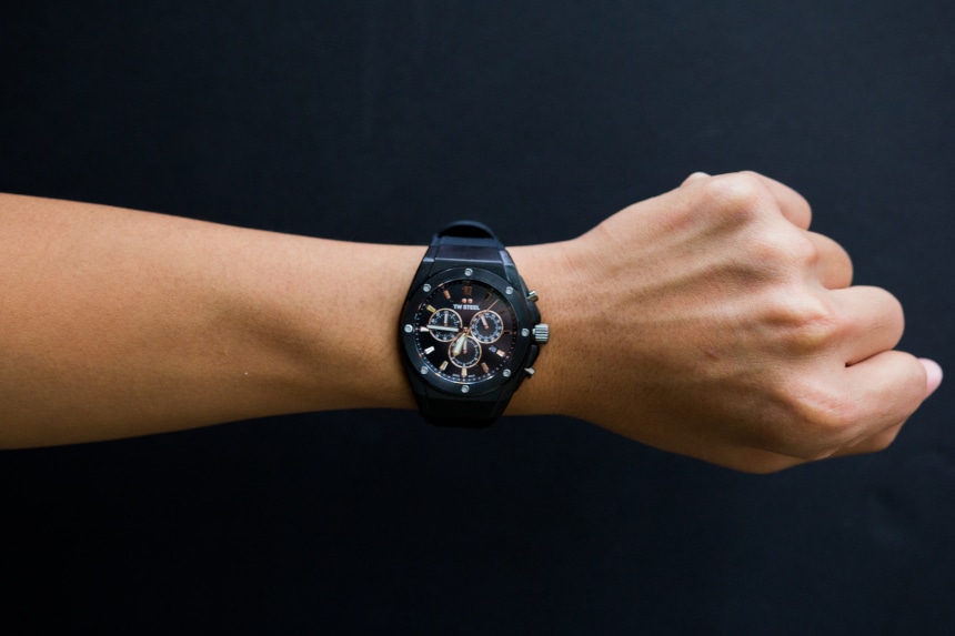 TW Steel CEO Tech watch worn by male model on a black background a