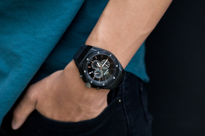 TW Steel CEO Tech watch worn by male model with blue shirt b