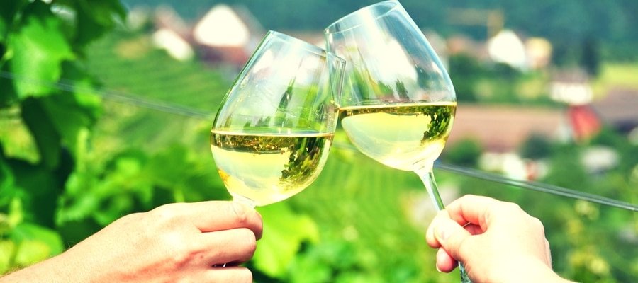 Couple with champagne at an orchard