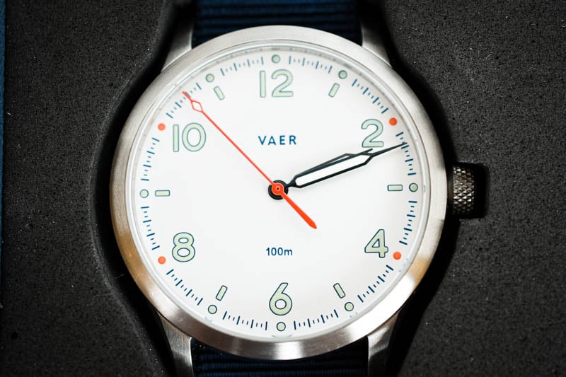 vaer s5 dial closeup mint white and orange