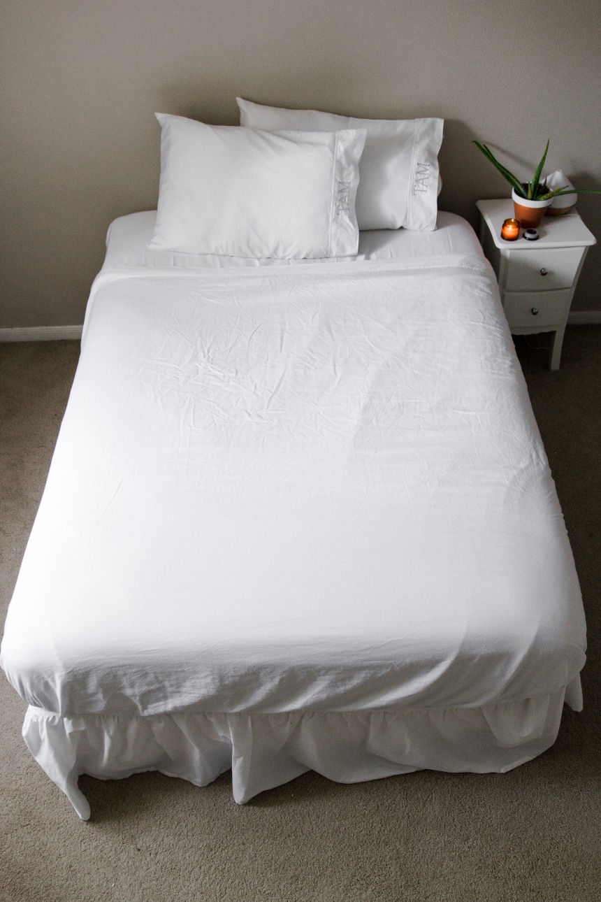 Vertical Shot of bed with Valentino 1200 Thread Count Cotton Sheet Set from Luxor Linens