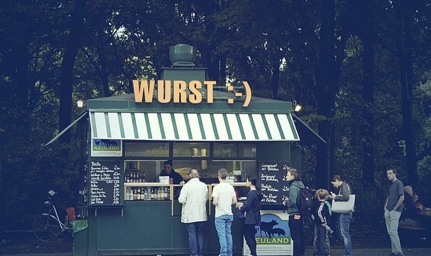 Wurst stand in Berlin, Germany, people lining up